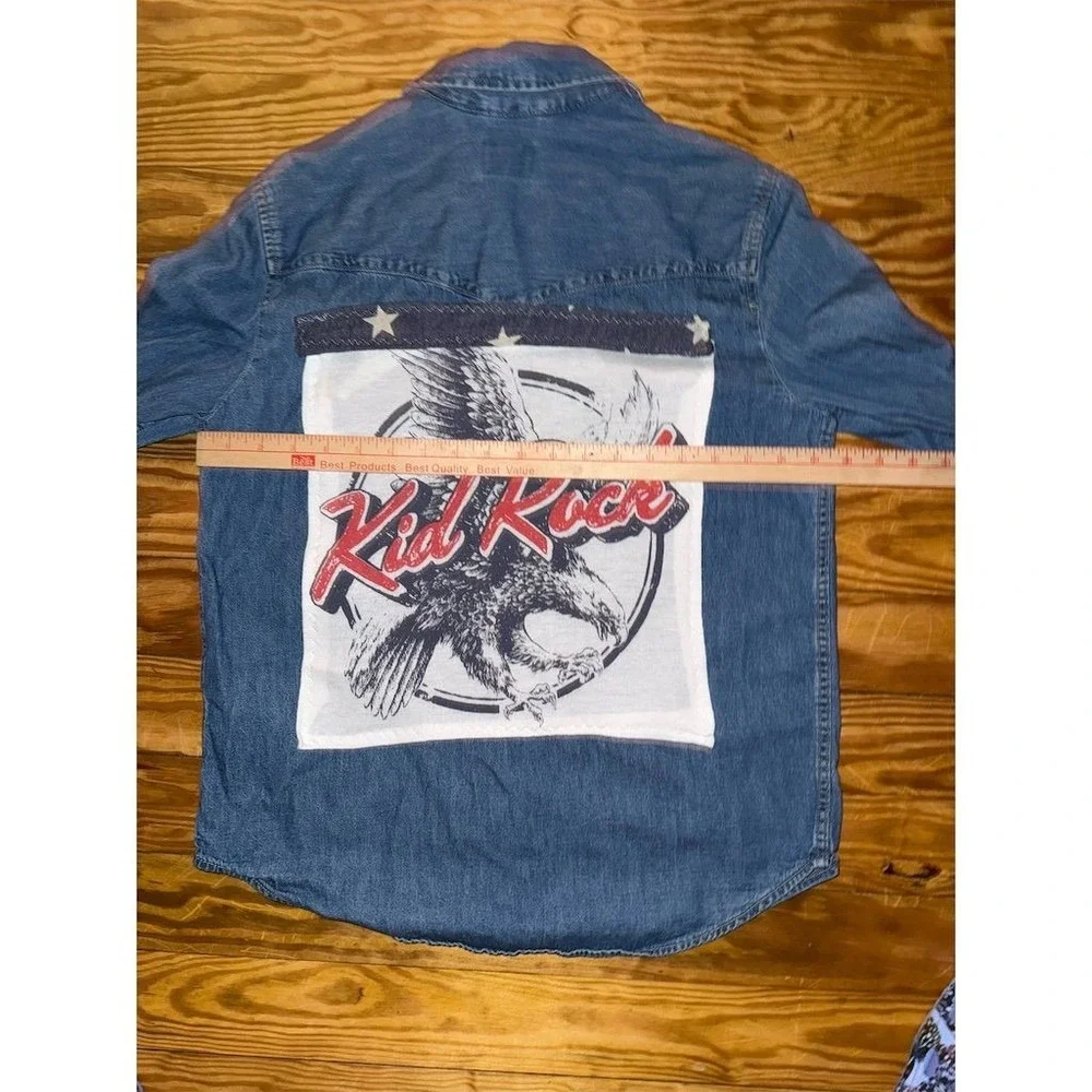 Vtg Levi's KID ROCK Women Denim Shirt‎ M Blue Graphic Pearl Snap up-cycled piece